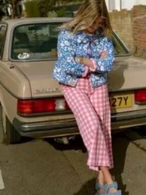 Disco Pants in Check Print - Pink Gingham Wide-Leg High-Rise SZ Blockprints XXL